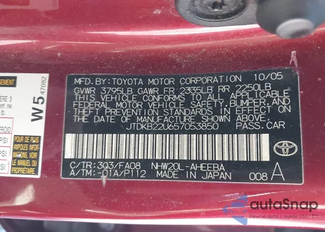 2005 Toyota Prius z USA, uszkodzony, nr VIN JTDKB22U657053850